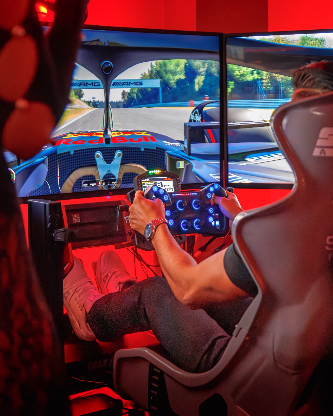 Full-motion simulator setup at OFFSPEC Miami during Art Basel