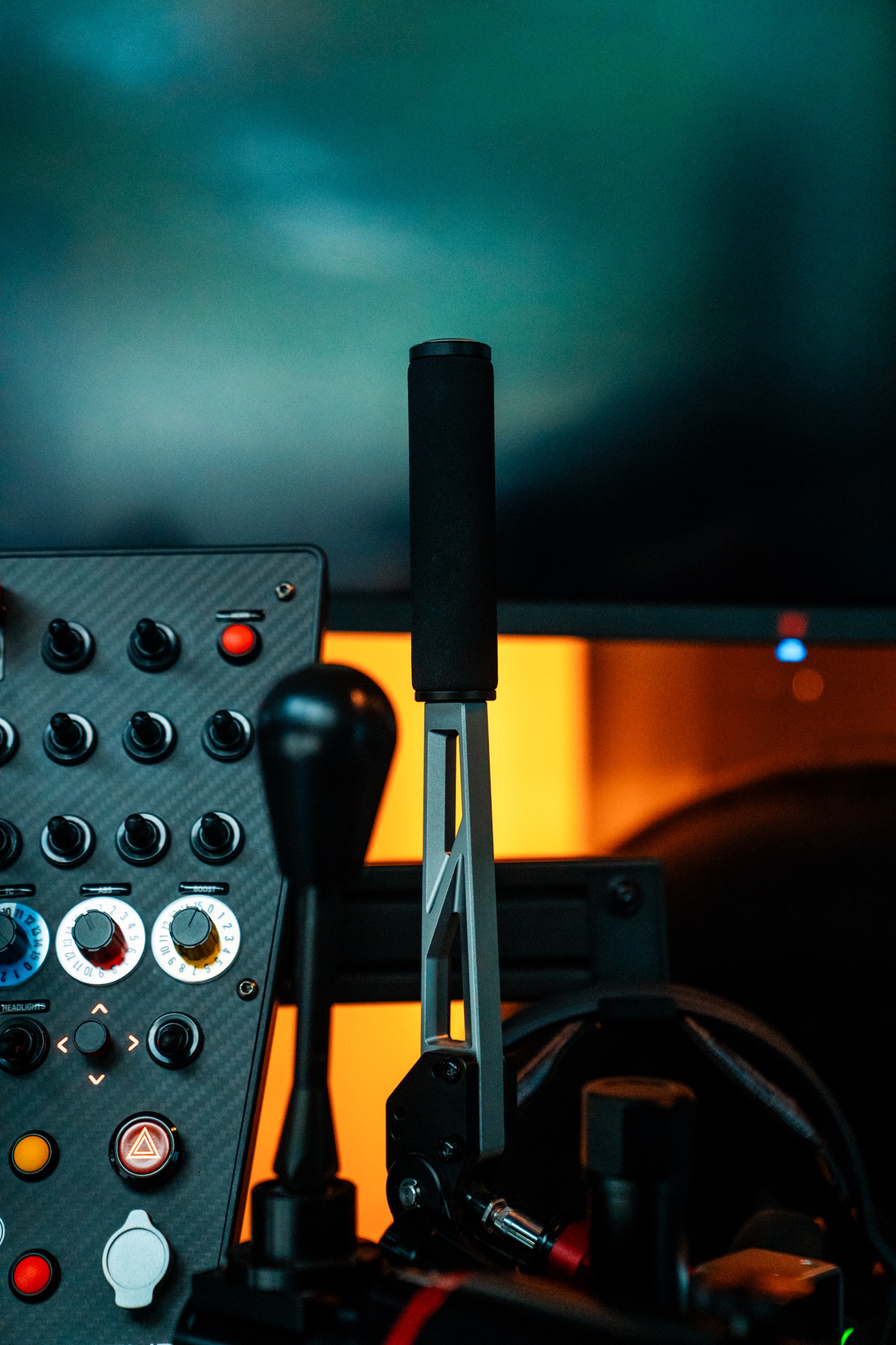 Full-motion racing simulator rig with triple screens in Key Biscayne