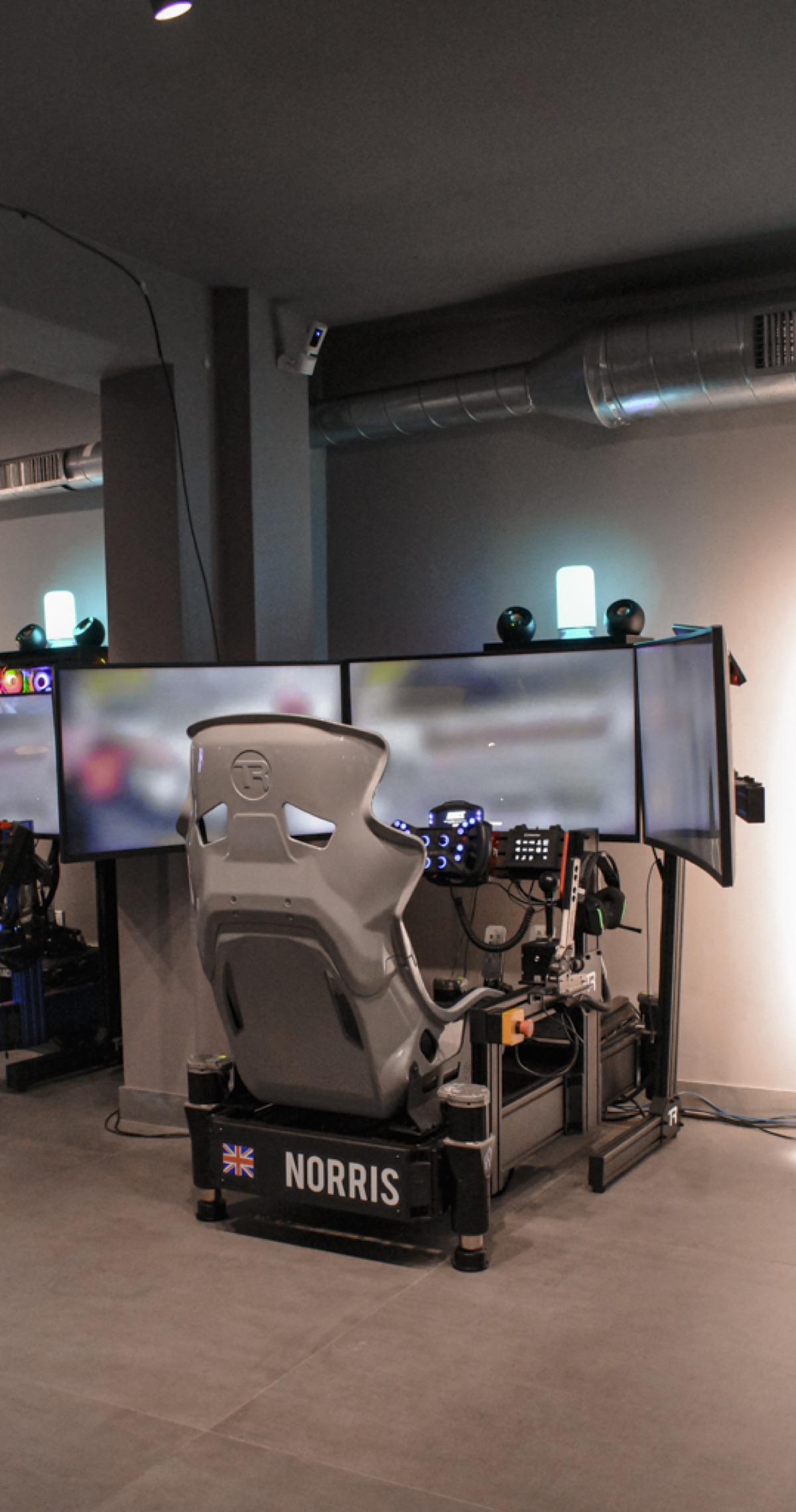 Close-up of professional racing simulator equipment