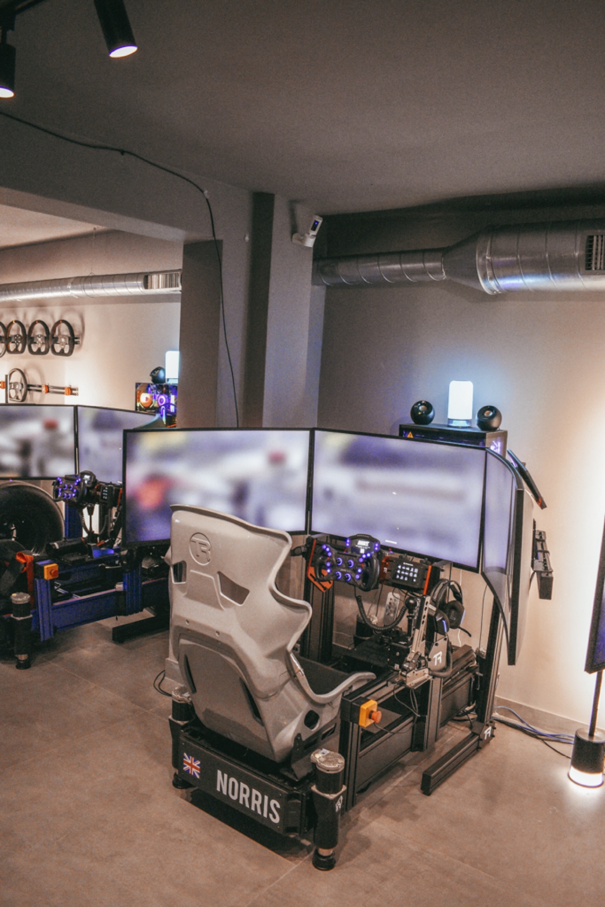 Close-up of professional racing simulator equipment