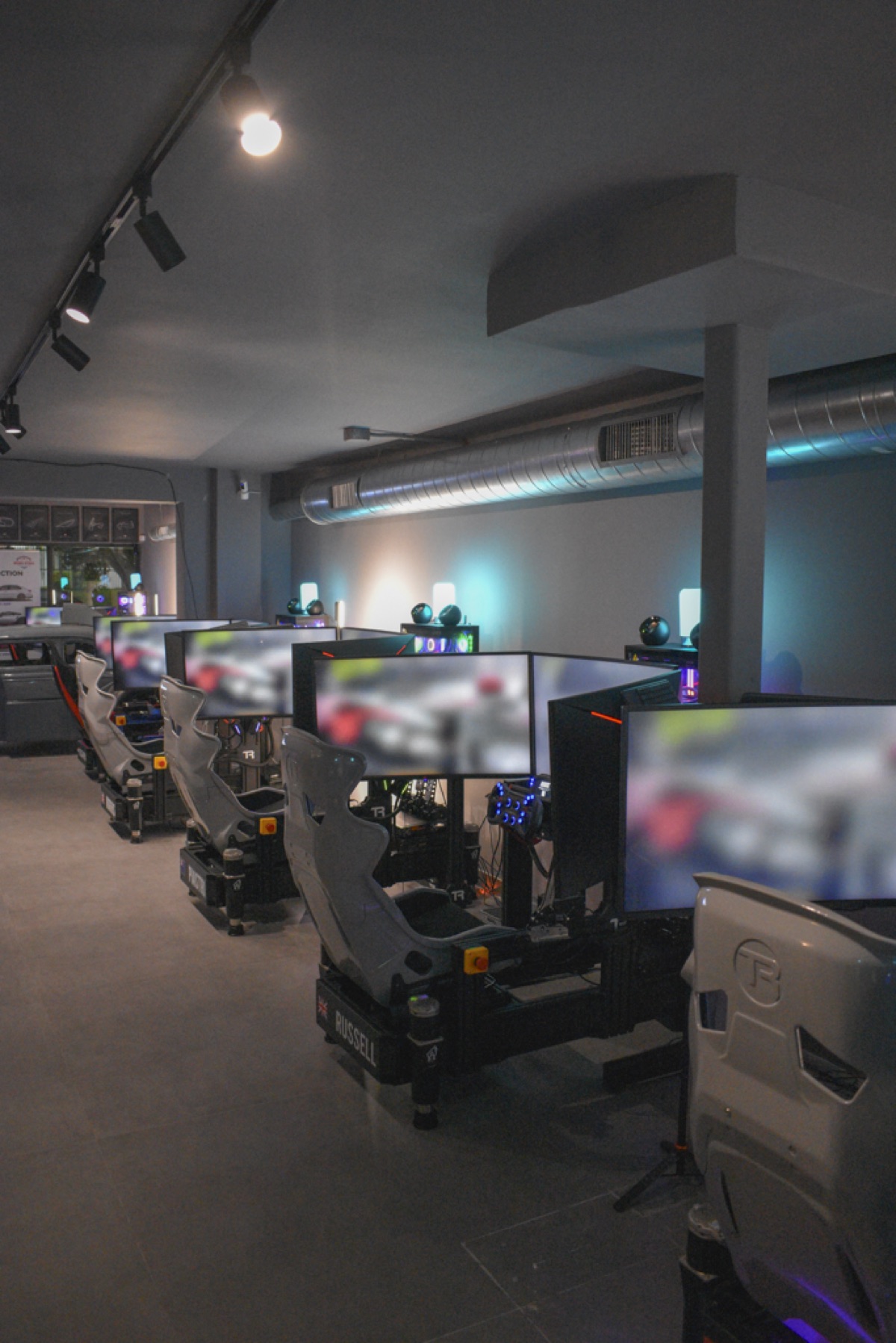 Close-up of professional racing simulator equipment