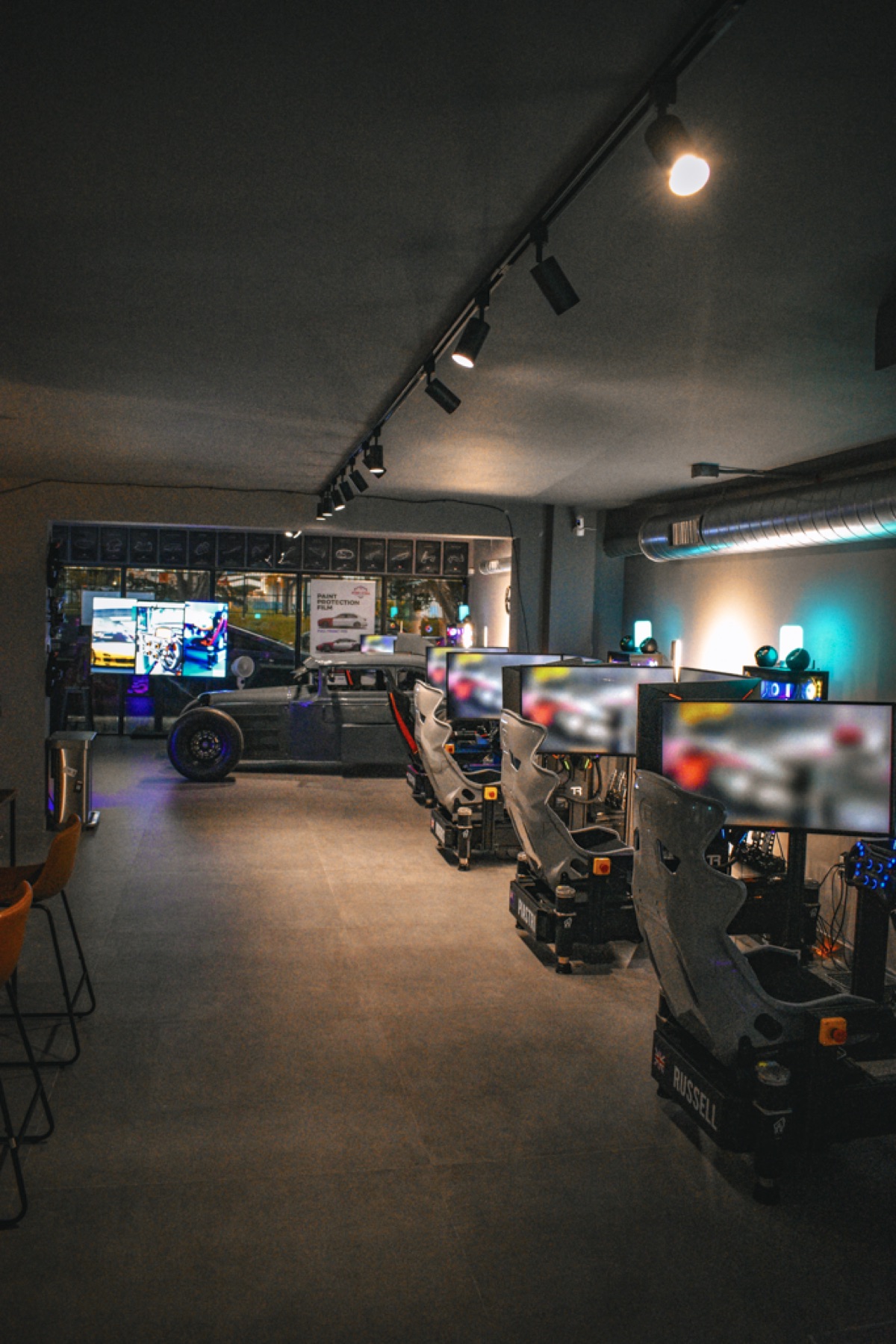 Close-up of professional racing simulator equipment