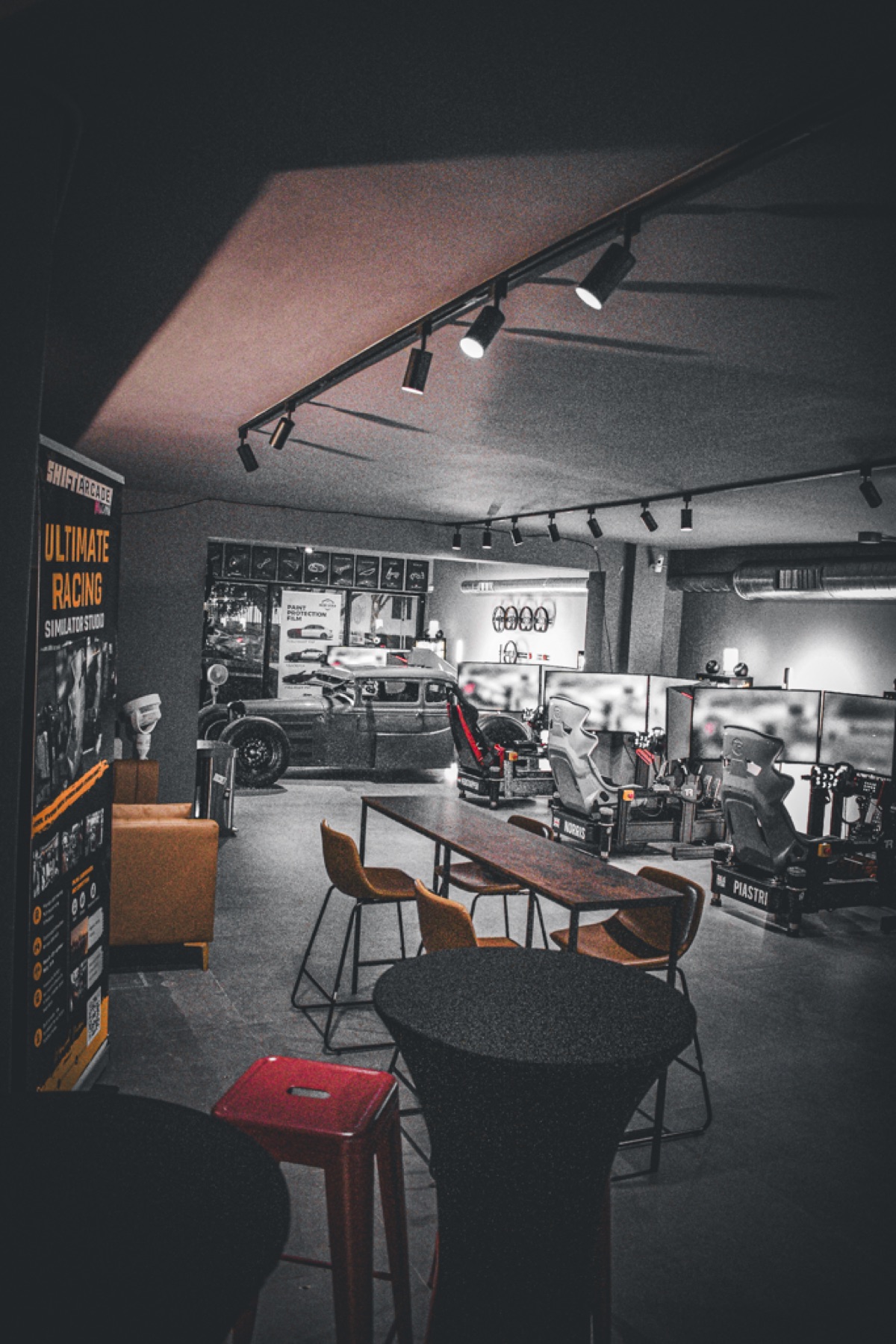 Close-up of professional racing simulator equipment