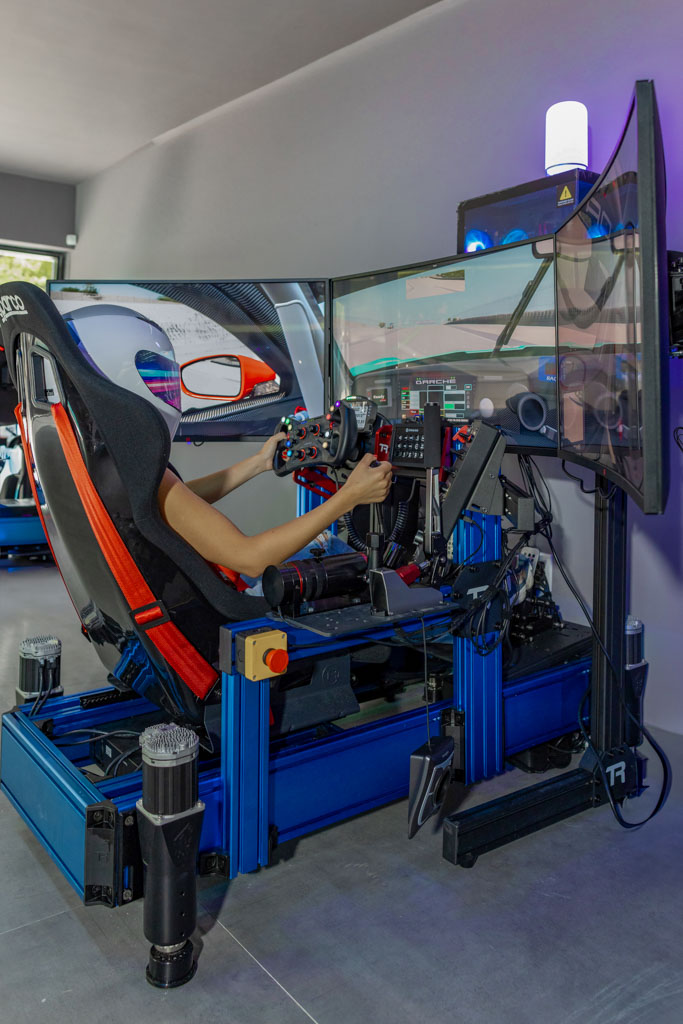 Close-up of professional racing simulator equipment