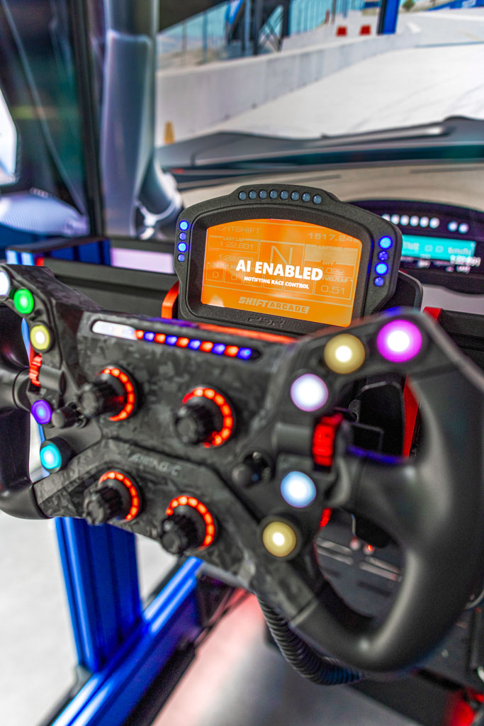 Full-motion racing simulator rig with triple screens in Boca Raton